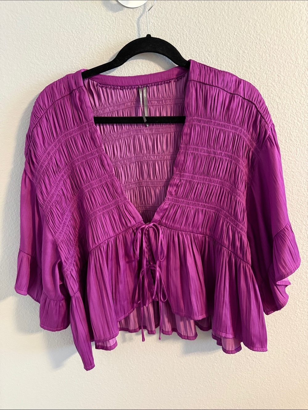 Anthropologie Magenta Smocked Tie-Front Peasant Top